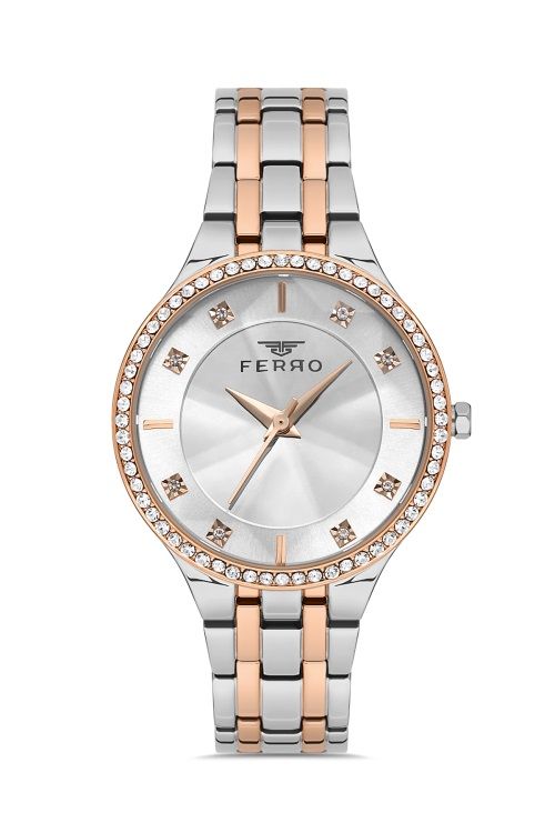 Kadın Çelik Kordon Kol Saati Çelik Kasa Premium Taşlı Model Gümüş - Rose Gold