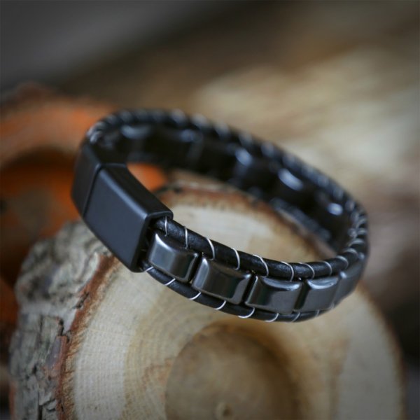 Zeravent Hematit Örmeli Deri & Doğal Taşlı Bileklik