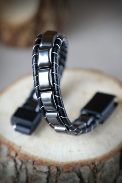 Zeravent Hematit Örmeli Deri & Doğal Taşlı Bileklik