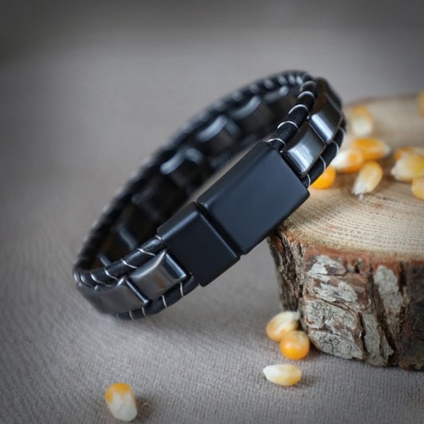 Zeravent Hematit Örmeli Deri & Doğal Taşlı Bileklik