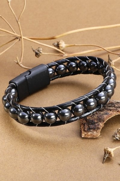 Zeravent Doğal Taşlı Erkek Bileklik Hakiki Deri BAD22