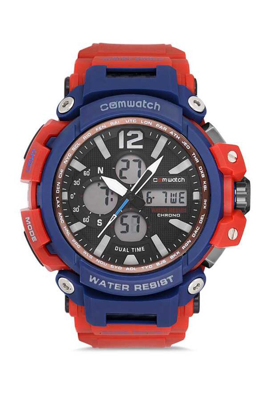Kırmızı & Mavi Kadranlı Erkek Spor Kol Saati Silikon Kordon Su Geçirmez