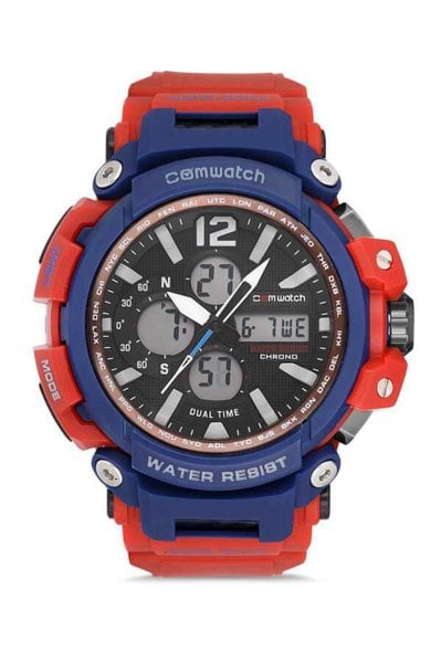 Kırmızı & Mavi Kadranlı Erkek Spor Kol Saati Silikon Kordon Su Geçirmez