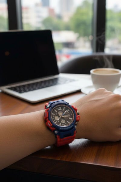 Kırmızı & Mavi Kadranlı Erkek Spor Kol Saati Silikon Kordon Su Geçirmez